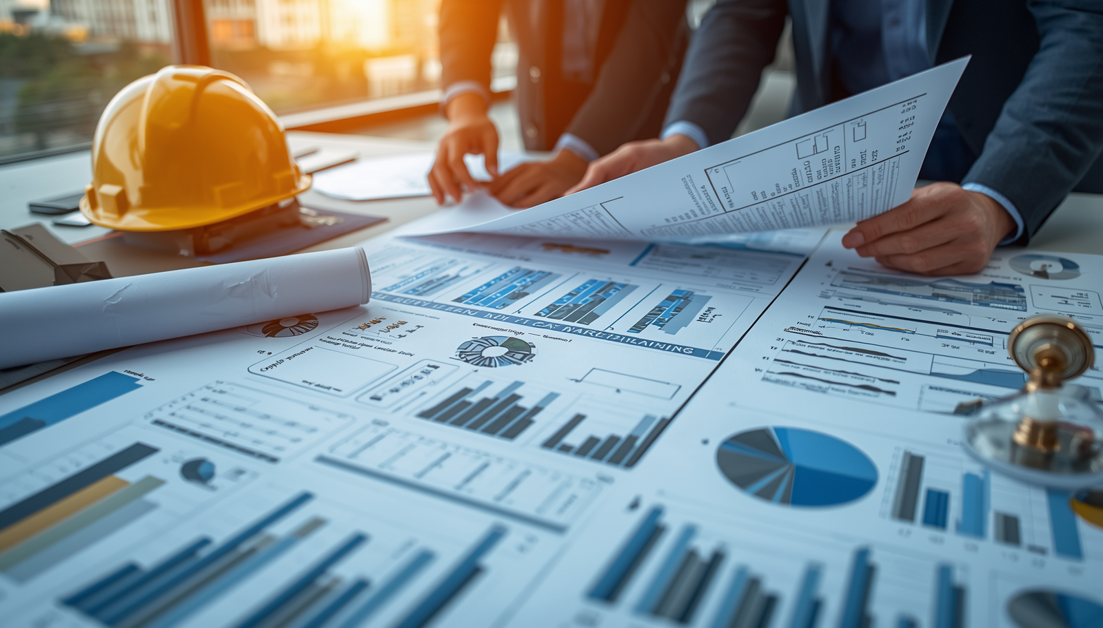 Construction project with legal and financial planning visuals