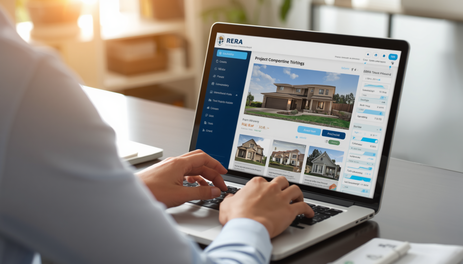Homebuyer checking RERA project details online on a laptop