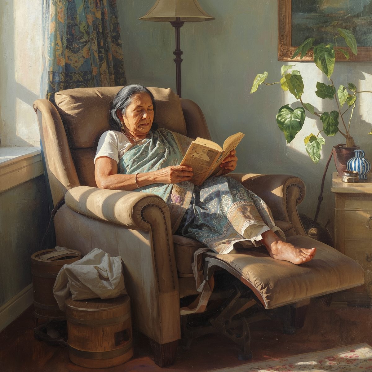 Indian mom chilling on recliner chair, mother’s day 2026