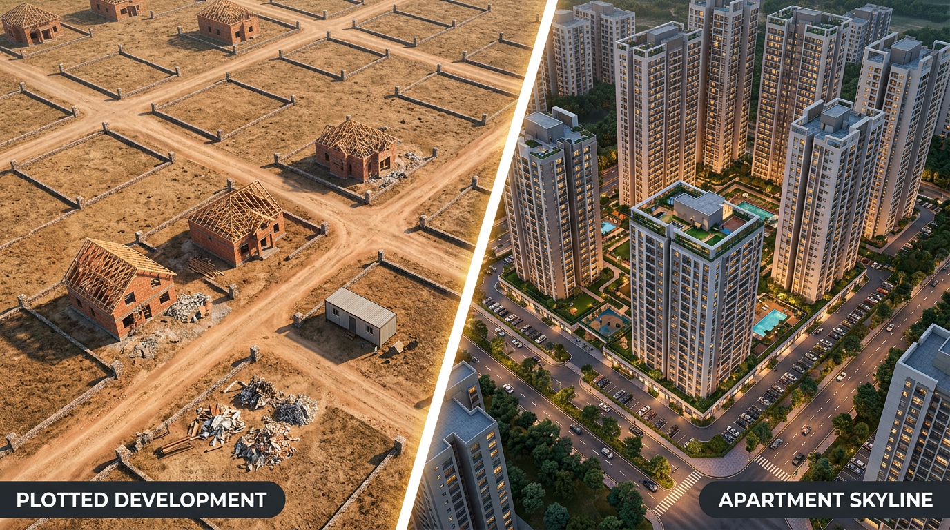 Side-by-side comparison of plotted development and apartment skyline - 1